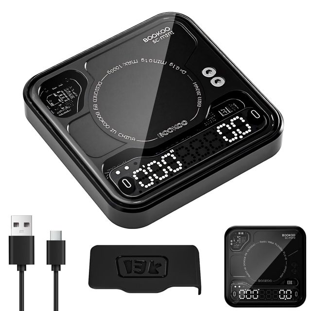 BOOKOO Balance Café avec Minuterie, 0,1 g & 0,1 g/s Haute Précision, USB Rechargeable, 3 Modes, App de connexion Bluetooth, Mini Balance de Précision pour Espresso, Café Filtre, Slow Coffee