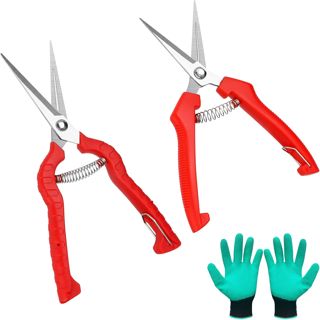 Lot de 2 petits sécateurs de jardin avec gants de jardin, sécateurs à branches, sécateurs bonsaï, ciseaux de récolte, ciseaux de jardin pour bonsaï, plantes, fleurs, récolte, fruits, légumes