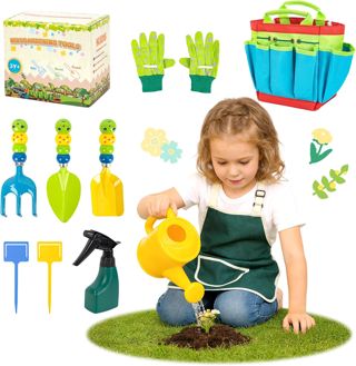 Kit Jardinage Enfant 3+ Ans: Extérieur Set Outils Jardinage Enfant, Jouet avec Pelle, Tablier, Arrosoir,Gant, Fourche, Jeux de Jardin Cadeau Garçon Fille,Vert