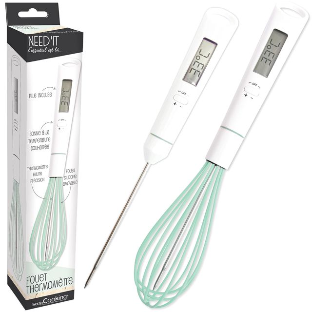 ScrapCooking - Fouet Thermomètre Pâtisserie 2-En-1 - Thermomètre Cuisine pour Cuisson Chocolat, Caramel, Sucre - Avec Sonde Température Amovible - En Silicone - Compatible Induction - 5167