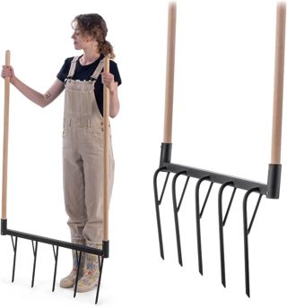 KADAX Fourche à bêcher à 5 branches avec manches en bois longues, cultivateur manuel robuste pour ameublir le sol et jardiner, double fourche à bêcher (avec manche)