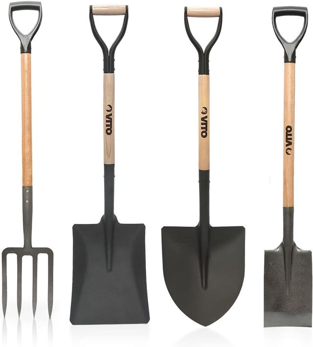 VITO - Pack 4 Outils de Jardin Acier Haute qualité Manche en Bois Poignée Ergonomique Fourche + Pelle carrée + Pelle Ronde + Bêche