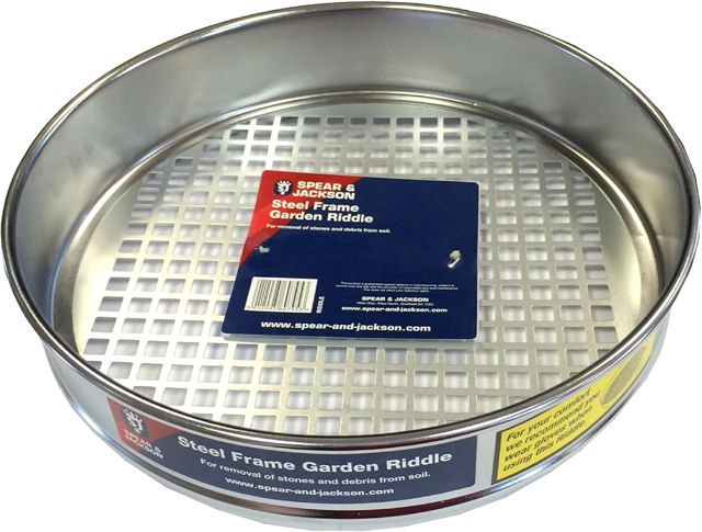 Spear & Jackson Riddle – Tamis de Jardin à Cadre Acier – Diamètre 330 mm, Chromé, Maille 10 mm, pour Terre, Compost, Semis et Contenants