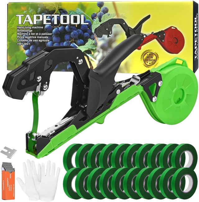 Machine à Nouer Les Plantes tuteur Tomate cerclage Machine Outil Jardinage Plante liée Outils Jardinage avec 20 Rouleaux de Ruban Adhésif Vert pour Jardin Fruits Légumes Fleurs Tomates Vigne