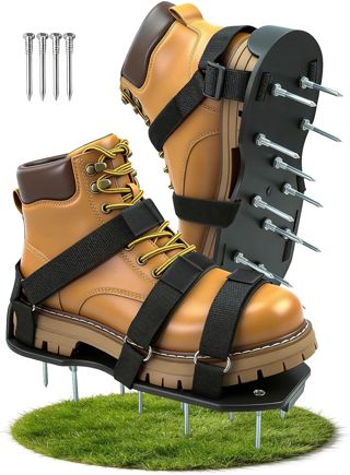 Sandales Aérateur Pelouse Installation Gratuite avec doubles sangles sur le dessus du pied, Chaussure à Gazon Chaussures à Ongles Scarificateur Gazon Chaussures pour Gazon, 4 pointes de rechange