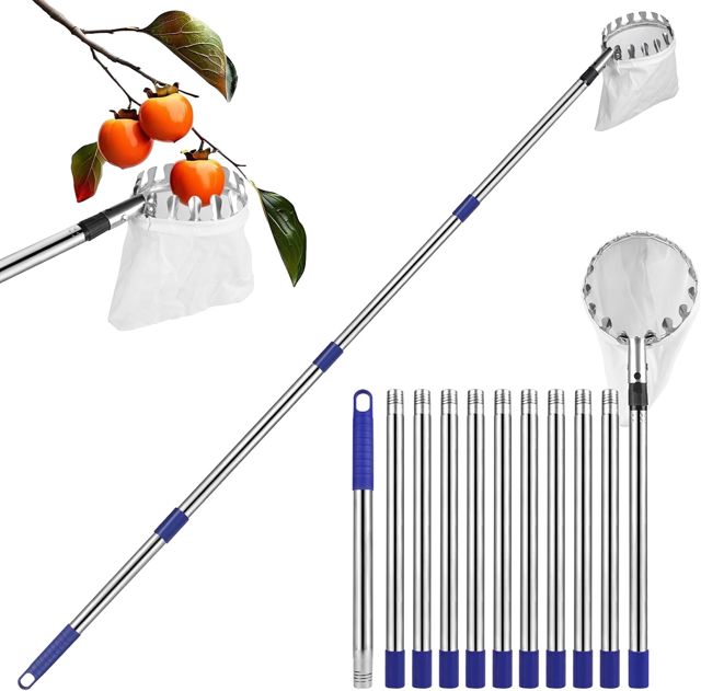DBREAKS 4,2M Cueille Fruit Telescopique, Fruit Outil Cueillette avec Panier en Acier Inoxydable, Cueille Fruit Telescopique pour la RéColte des Pommes, Cerises, Poires, PêChes