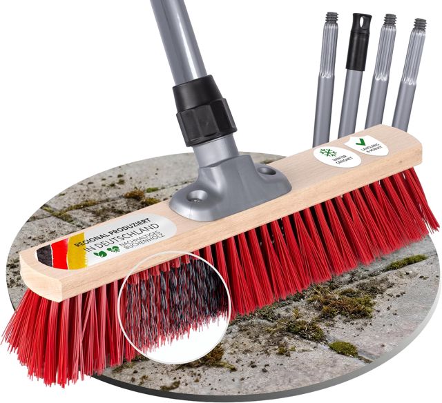 ORGAFLIX Balai de rue avec manche et bord de raclage pour la saleté tenace, 40 cm, avec poils élaston, résistant aux intempéries, pour l'extérieur, robuste et durable, fabriqué en Allemagne et en