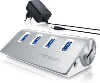 Primewire - Hub 4 Ports USB 3.0 Actif, USB 3.2 Gen.1, alimenté multiprise Dock – Hub 4 en 1 pour PC Laptop Notbook Ultrabook MacBook, SuperSpeed jusqu'à 5 Gbps - Aluminium - Plug & Play