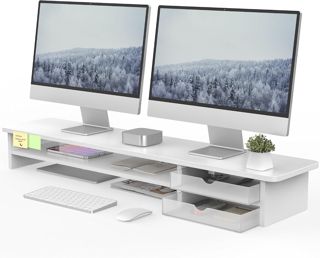 Fenge Réhausseur d'Écran PC Bureau,2 PC Tiroirs,Moniteur Stand,108cm,Marron