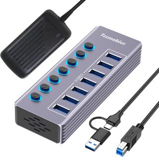 Hub USB Alimenté à 7 Ports Aluminium USB 3.0 Data Hub avec Interrupteur Séparé LED, Adaptateur d'alimentation 12V/3A, 2-en-1 (USB A/C) Data Cable 100cm, pour Laptop MacBook Pro/Air PC