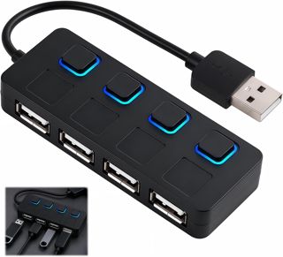 Hub USB avec Interrupteur Individuel, Hub USB 4 Ports 480 Mbps avec Interrupteurs Individuels et Voyants LED, Multi Adaptateur USB2.0 avec Câble 10 cm, Station d’Accueil Compacte pour PC, Ordinateur