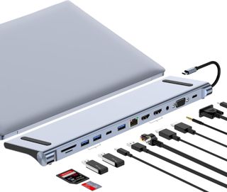 Station d'accueil USB C 12-en-1 avec Support PC Portable, Hub Multiport vers Double HDMI 4K & DP, Charge PD 87W, Ethernet RJ45, SD/TF, Docking Station pour Windows, Mac OS