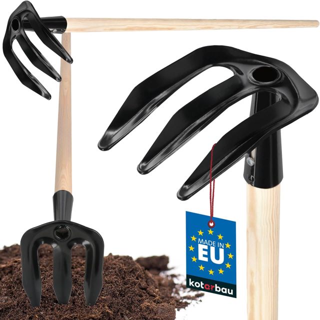 KOTARBAU® Binette à pommes de terre avec 3 dents - Manche en bois - 135 cm - Outil agricole en acier - Outil de jardinage - Outils de jardin - Crochet de plantation