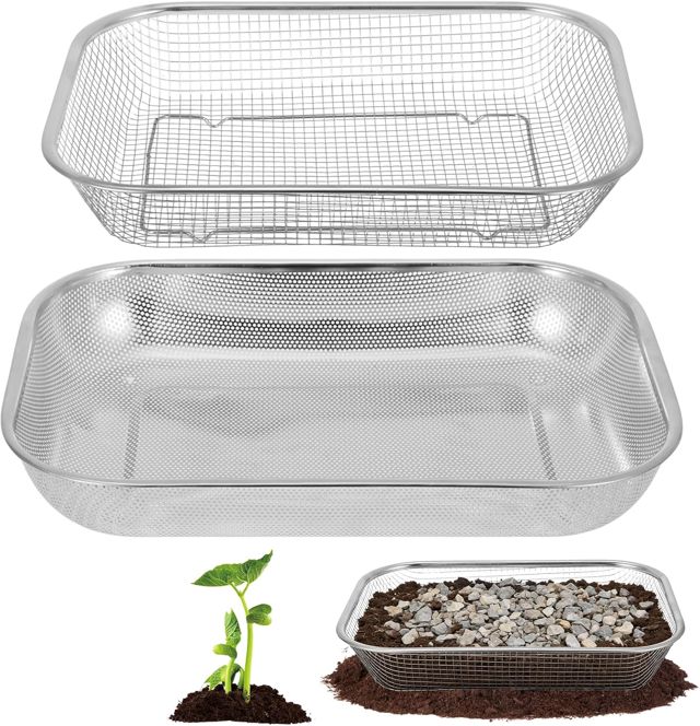 Lot de 2 grands tamis de sol en acier inoxydable – Tamis de jardin avec 2 largeurs de maille (6 mm et 2 mm) pour terre, sable, compost, jardin