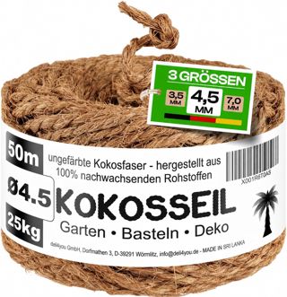 Corde en Fibre de Coco 4,5 mm x 50 m - Ficelle pour Jardinage, Bricolage et Décoration - Corde Arbre à Chat, Ficelle Jardin, Attache Tomate, Tuteur Arbre - Charge maxi : 25 kg