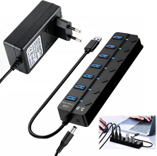 Hub USB 3.0 7 Ports, Multiport Alimenté Répartiteur USB avec Interrupteur