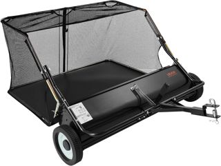 VEVOR Balayeuse à Gazon Tractée, 122 cm, Balai Ramasseur Herbes et Feuilles, Grande Capacité 566 L, avec Corde de Déversement, Hauteur Réglable, pour Balayer Débris Secs Mauvaises Herbes de Jardin