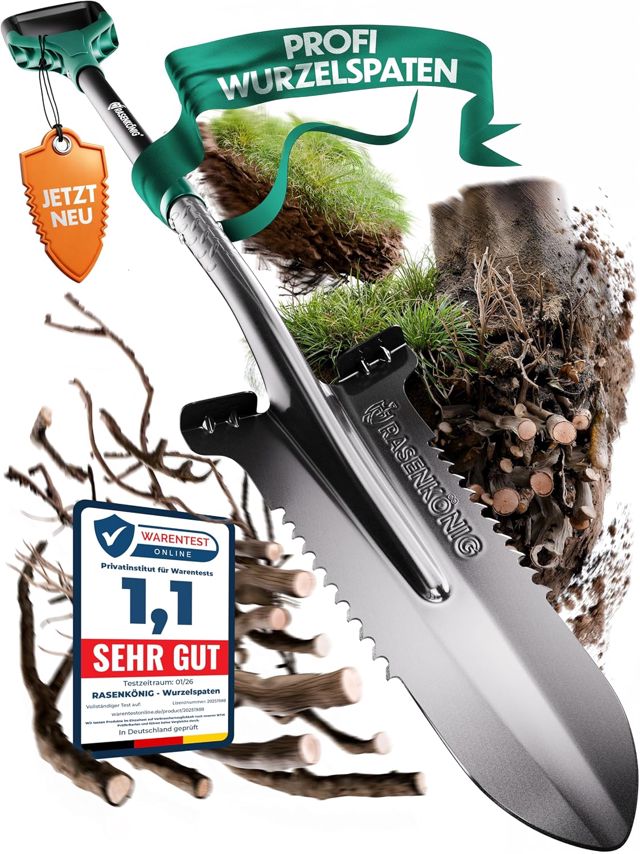 Bêche Pro avec scie à racines [vainqueur du test] Bêche pour le jardinage | avec 20 dents de scie, poignée ergonomique et large bord de marche | Bêche de jardin stable pour creuser plus