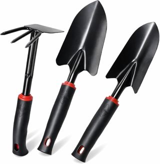 Set d’Outils de Jardin 3 Pièces avec Poignées Antidérapantes, Pelle, Transplantoir et Binette Double en Acier Inoxydable pour Planter, Creuser, Désherber, Potager, Balcon et Serre