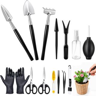 15 Pièces Mini Outils Jardinage, Outillage de Jardin avec Pelle Jardinage, Kit Bonsai Adulte avec Ciseaux, Plantoir, Appareil de Dépoussiérage pour Culture en Pot, Soins, Potager, Desherbage