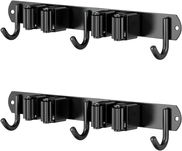 TIANLIN Support Balai Mural 2 Pièces, Porte Balais Adhésif ou à Visser pour Manche 1.8-2.8cm, en Acier Inoxydable 304 Noir, Rangement Mural pour Cuisine, Buanderie, Garage – 3 Clips + 4 Crochets