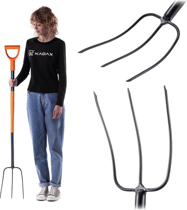 KADAX Fourche à bêcher en Acier, Fourche Longue de 135 cm, Fourche à Foin, Fourche à bêcher pour bêcher, Fourche de Jardin Ergonomique, Fourche à fumier, Fourche avec poignée en D, Fourche de Jardin