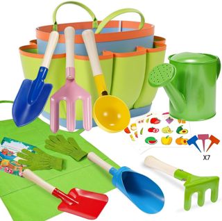 KAHEIGN Lot de 12 outils de jardinage pour enfants, cuillère, fourchette, truelle, râteau, pelle cylindrique avec sac fourre-tout, arrosoir, gants, tablier, étiquettes de plantes, autocollants pour