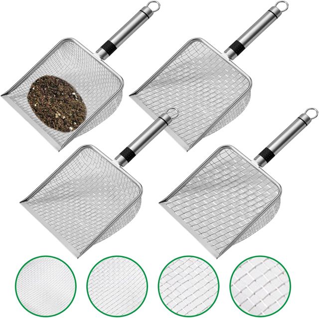 Lot de 4 tamis à compost de jardin en 4 tailles (mailles 2/2,8/3,8/5 mm) - Tamis à sable - Tamis à compost avec poignée, pelle à litière pour chat, tamis de jardin en acier inoxydable pour sable