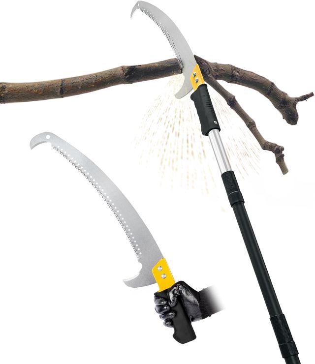 Scie à branches sur perche 2,6 m, scie d’élagage manuelle légère avec manche rallonge en acier inoxydable et lame tranchante, pour couper les branches d’arbres, travaux forestiers, jardin et extérieur