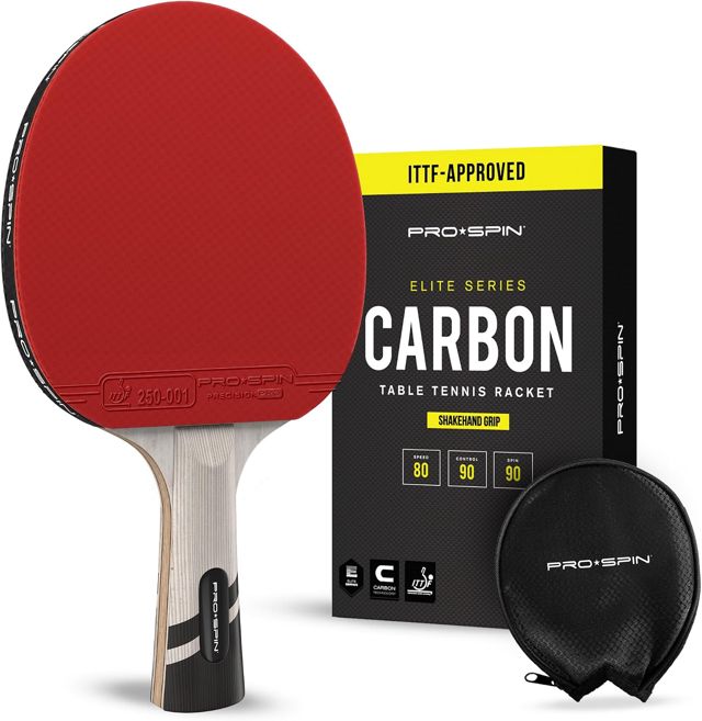 PRO-SPIN Raquette de Ping Pong - Homologuée ITTF en Fibre de Carbone | Série Elite 7 Plis, Caoutchouc Premium, Éponge 2 mm et Étui de Protection