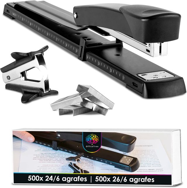 OfficeTree - Agrafeuse à long bras avec 1 dégrafeuse et 1000 agrafes - Idéale pour les brochures - Noire avec guide papier