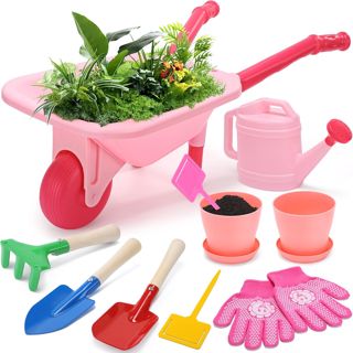 Cute Stone Ensemble d'outils de Jardinage pour Enfants, brouette Rose | avec arrosoir, Gants, râteau, Pelle, truelle, Jouets de Jardinage pour Enfants (garçons et Filles) dès 3 Ans