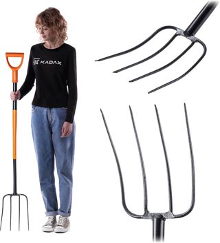 KADAX Fourche à bêcher en Acier, 132 cm de Long, Fourche à Foin, Fourche à bêcher, Fourche de Jardin Ergonomique, Fourche à fumier, Fourche avec poignée en D, Fourche de Jardin (4 Dents, Noir/Orange)