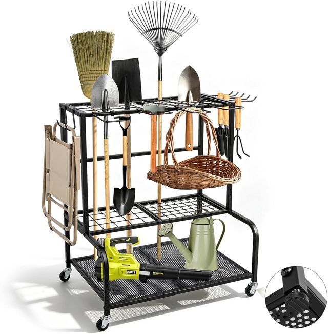 Range Outils De Jardin À roulettes,avec Fentes Et Crochets, pour Balais,Râteaux Et Pelles