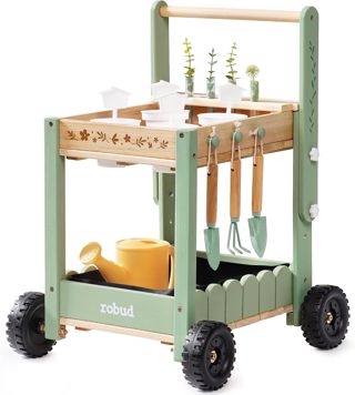 ROBUD Outils de jardin pour enfants avec chariot en bois, outil de jardin avec arrosoir, pelle, râteau, pots de fleurs et tubes hydroponiques, kit de jardin éducatif pour garçons et filles à partir de