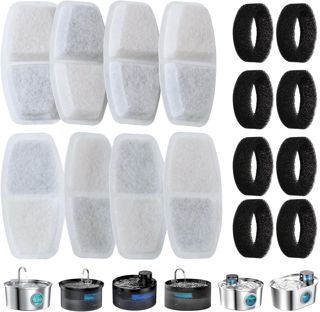 Filtre de Fontaine à Eau 16 Pièces, 8 Filtre Fontaine pour Chat + 8 Mousse Filtres pour Fontaine de Chat 3.2L,2.5L (108oz,84oz）avec Charbon Actif & Résine conTriple Filtration