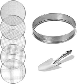 Tamis de Jardin Rond 30cm en Acier Inoxydable avec 5 Mailles Interchangeables Tailles de 3/6/9/10/12mm Outil Jardinage pour Tamiser Le Sol, Les Semences, Les Pierres et Le Compost, Pelle Inclus