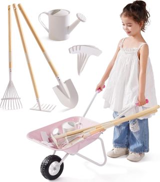 ROBOTIME Brouette et outils de plantation en métal pour enfants, 5 pièces, grand ensemble de jardin vert olive avec manche réglable en bois de pin, arrosoir, râteau, pelle