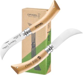 OPINEL Couteau de jardinier N° 08 avec gravure personnalisée – Manche en hêtre et lame courbe en acier inoxydable | Couteau de jardin pour plantes, vignes et usage extérieur