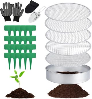 Tamis de jardin rond 5 en 1 en acier inoxydable de 20 cm, avec 5 tamis interchangeables de 3,6, 9, 10,12 mm, tamis à compost rond en métal, avec pelle de jardin et 20 étiquettes pour plantes, 1 paire
