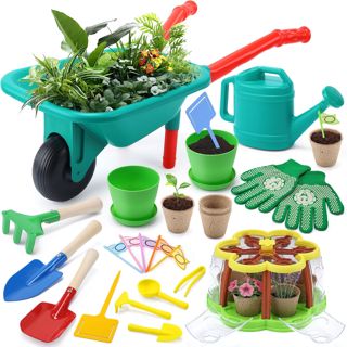 Cute Stone Ensemble de Jardinage Enfants, Kit de Culture de Plantes avec brouette, 3 Outils de Jardin en métal, Serre Enfants avec système d'irrigation amélioré, Jouets d'intérieur et d'extérieur