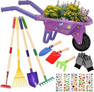 JONRRYIN Brouette Enfants, 14PCS Ensemble de Jardinage avec Outils de Jardin, Bêche, Râteau, Gants et Accessoires, brouette Jardin Kit de Jeu Éducatif pour Enfants 3 Ans (Vert)