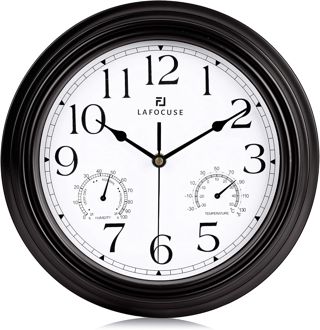 Lafocuse Horloge Murale avec Thermomètre et Hygromètre Vintage Pendule Murale Quartz Noir Silencieuse pour Salon Cuisine 30cm