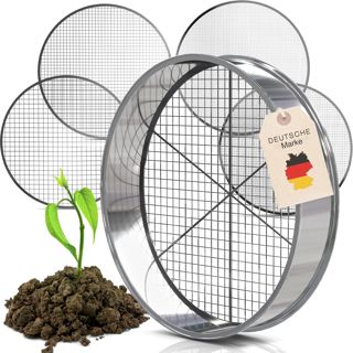 Tool Jungle- Tamis de jardin en acier inoxydable - 5 tamis 3,5,8,9,12mm inclus - tamis à compost résistant aux intempéries - avec traverse supplémentaire pour une meilleure prise en main.