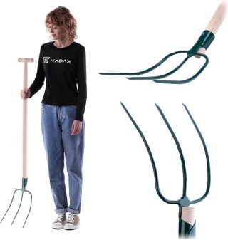 KADAX Fourche à Foin, Fourche à bêcher, Fourche à bêcher, Fourche à fumier, Fourche de Jardin, Fourche en Fil de Fer avec Manche en Bois, Fourche de Jardin en Acier de Haute qualité, Fourche à fumier