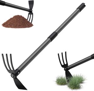 Binette de jardin avec manche de 116 cm, double binette multifonction avec 3 dents en métal, râteau de mauvaises herbes - Accessoire de jardin pour ameublir, aérer et désherber le sol