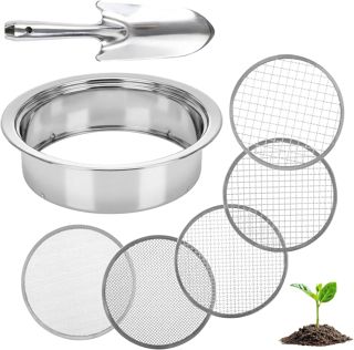 5 en 1 Tamis Jardinage Tamis Sable en Acier Inoxydable Ø 1, 3, 6, 9, 12 mm Tamis de Terre avec 1 Pelle à Main pour Terre, Pierres, Compost, Mauvaises Herbes, Sable, Gravier, Graines