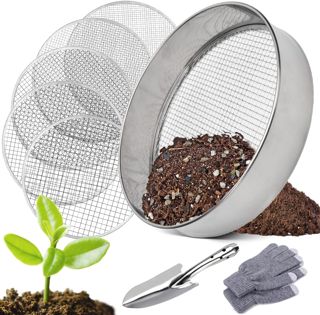 Tamis de Jardin en Acier Inoxydable,5 en1 Tamis Jardin Rond 30 cm,avec 5 Tamis Interchangeables Ø 3,6,9,10,12 mm,Tamis de Jardin Rond,Tamis à Compost pour Terre, Compost, Semences