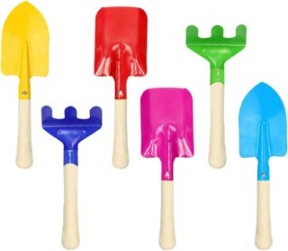 Ensemble d'outils de jardin pour enfants 6 pièces avec pelle, râteau et bêche en métal et bois pour jardin, balcon, terrasse et bac à sable