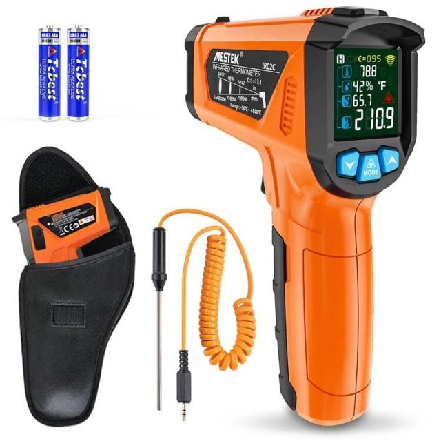Thermomètre Infrarouges MESTEK -50 ℃ ~ 800℃ Laser Digital Thermometre et Sonde Pistolet Température IR Sans Contact LCD Alarme et Émissivité Réglable pour Cuisine/Pizza Industrial